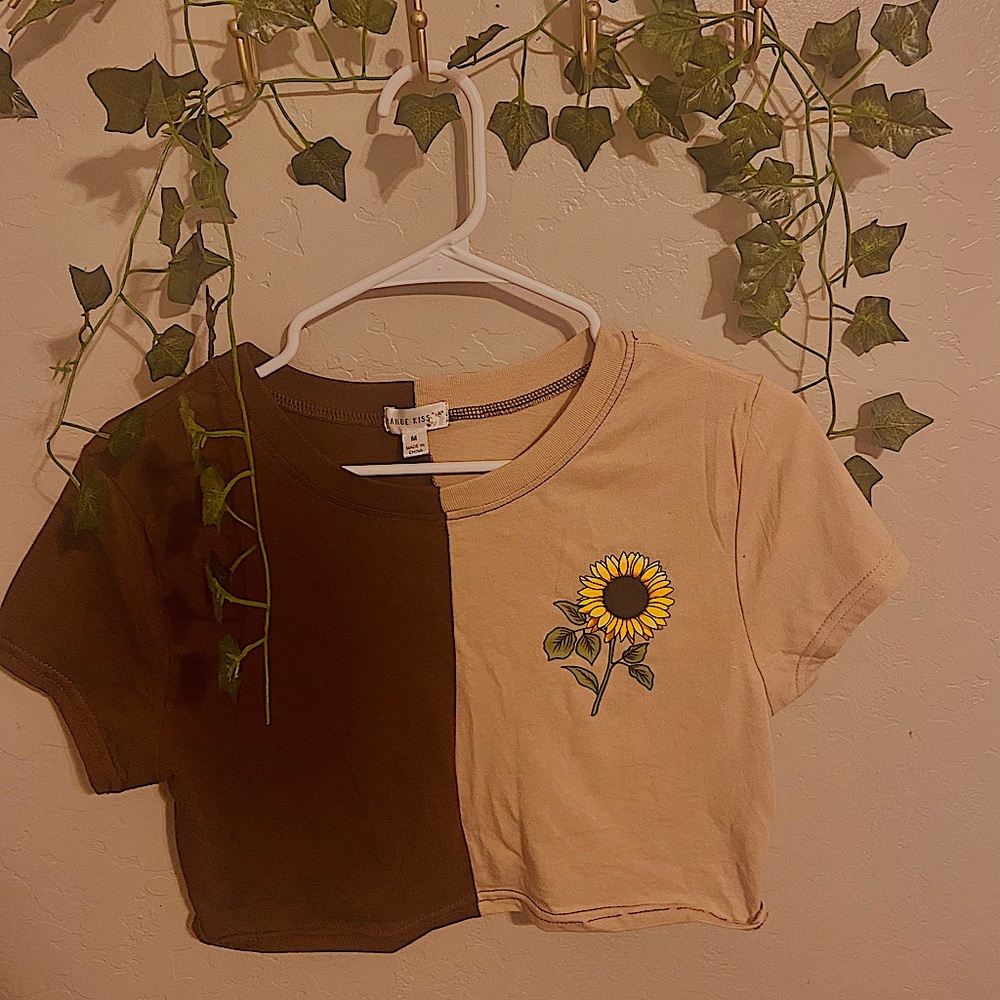 Tan & Brown shirt with a sunflower